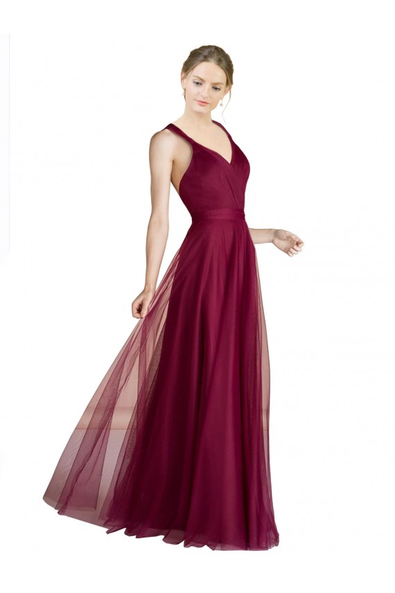 Trapèze Col V Tulle Longue Robes demoiselle d'honneur Prix Réduit