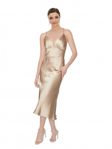 Trapèze Col V midi Satiné Soyeux Courte Robes demoiselle d'honneur / Robes de soirée / Robes de cocktail Prix Réduit