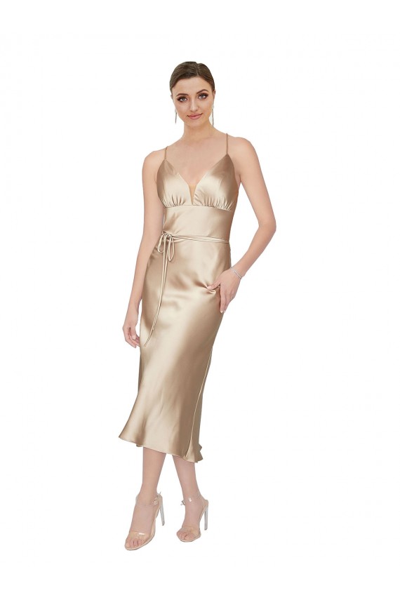 Trapèze Col V midi Satiné Soyeux Courte Robes demoiselle d'honneur / Robes de soirée / Robes de cocktail Prix Réduit