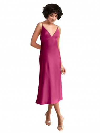 Trapèze Col V midi Satiné Stretch Courte Robes demoiselle d'honneur / Robes de soirée / Robes de cocktail Prix Réduit