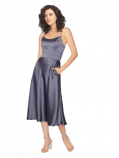 Trapèze Scoop midi Satiné Soyeux Courte Robes demoiselle d'honneur / Robes de bal / Robes de cocktail Prix Réduit
