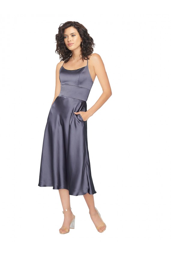 Trapèze Scoop midi Satiné Soyeux Courte Robes demoiselle d'honneur / Robes de bal / Robes de cocktail Prix Réduit