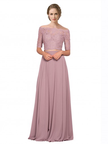 Trapèze Épaule Dénudée Mousseline Dentelle Longue Robes demoiselle d'honneur / Robes de bal Prix Réduit