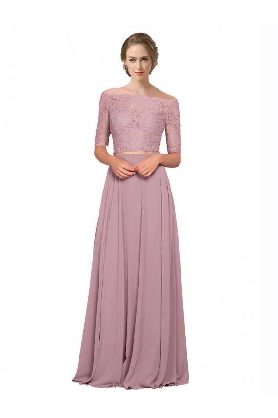 Trapèze Épaule Dénudée Mousseline Dentelle Longue Robes demoiselle d'honneur / Robes de bal Prix Réduit