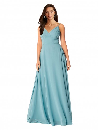 Turquoise Trapèze Col V Mousseline Longue Robes demoiselle d'honneur Prix Réduit
