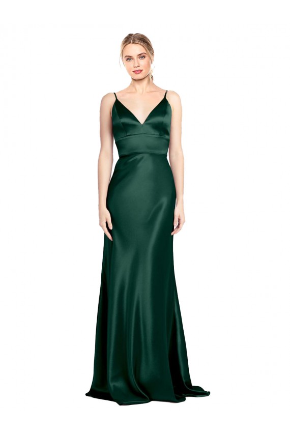 Vert Chasseur Fourreau Bretelles spaghetti Col V Satiné Stretch Longue Formelles Robes demoiselle d'honneur / Robes de soirée / Robes de bal Prix Réduit