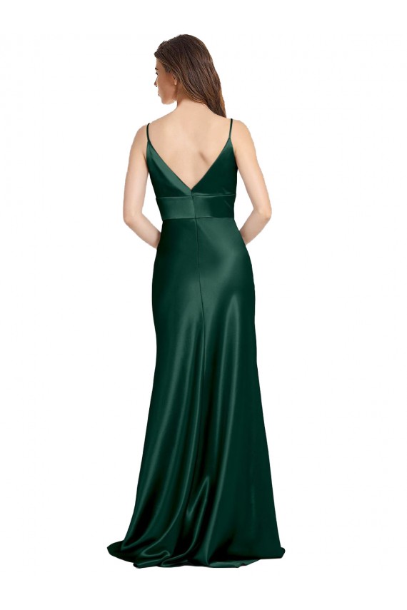 Vert Chasseur Fourreau Bretelles spaghetti Col V Satiné Stretch Longue Formelles Robes demoiselle d'honneur / Robes de soirée / Robes de bal Prix Réduit