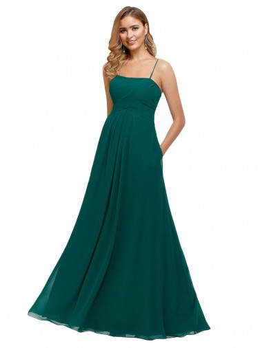 Vert Chasseur Trapèze Bretelles spaghetti Col Carré Mousseline Longue Robes demoiselle d'honneur Prix Réduit