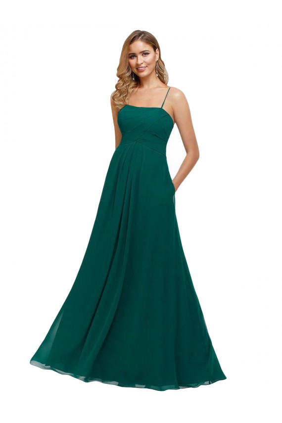 Vert Chasseur Trapèze Bretelles spaghetti Col Carré Mousseline Longue Robes demoiselle d'honneur Prix Réduit