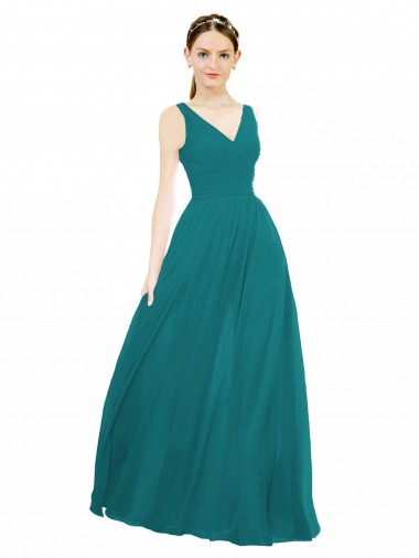 Vert Chasseur Trapèze Col V Mousseline Longue Robes demoiselle d'honneur Prix Réduit