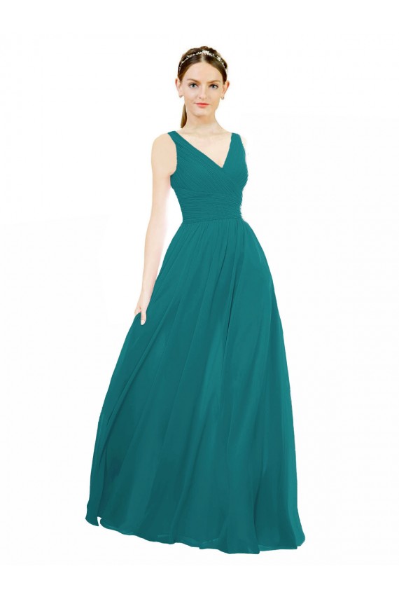 Vert Chasseur Trapèze Col V Mousseline Longue Robes demoiselle d'honneur Prix Réduit