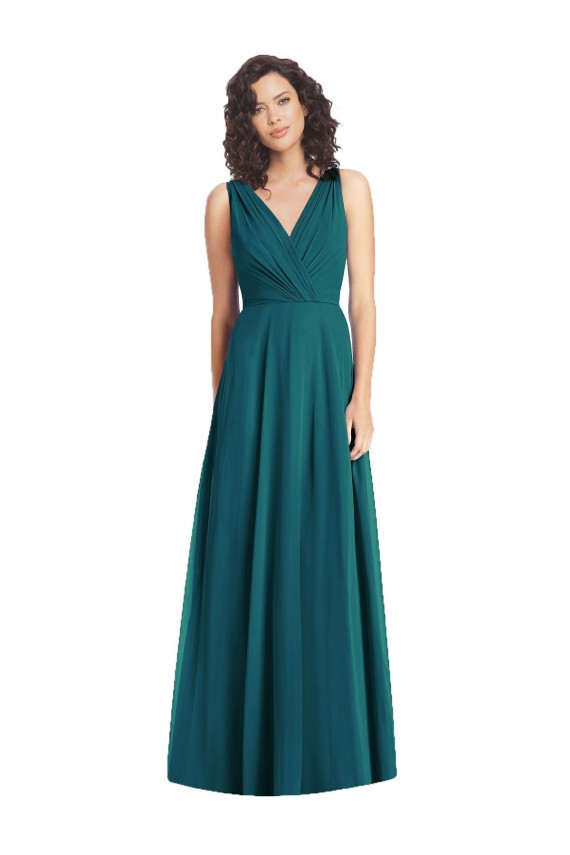 Vert Chasseur Trapèze Col V Mousseline Longue Robes demoiselle d'honneur Prix Réduit