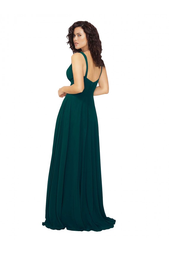 Vert Chasseur Trapèze Col V Mousseline Longue Robes demoiselle d'honneur Prix Réduit