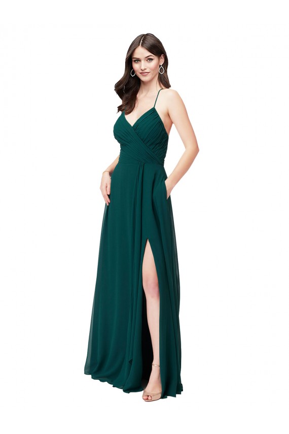 Vert Chasseur Trapèze Col V Mousseline Longue Robes demoiselle d'honneur Prix Réduit