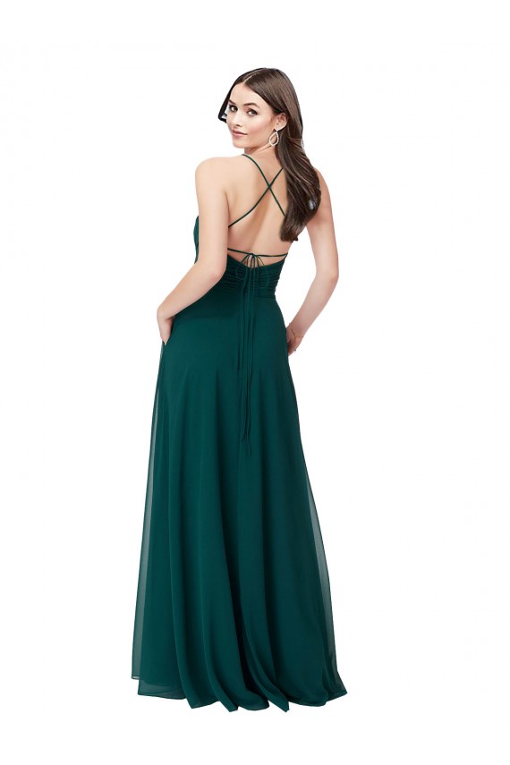 Vert Chasseur Trapèze Col V Mousseline Longue Robes demoiselle d'honneur Prix Réduit