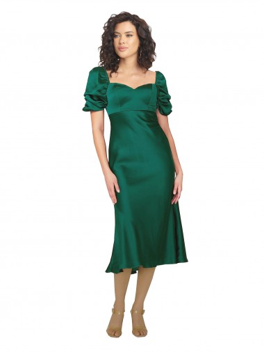 Vert Chasseur Trapèze midi Satiné Soyeux Courte Robes demoiselle d'honneur / Robes de soirée / Robes de bal Prix Réduit