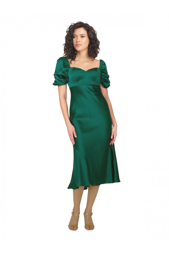 Vert Chasseur Trapèze midi Satiné Soyeux Courte Robes demoiselle d'honneur / Robes de soirée / Robes de bal Prix Réduit