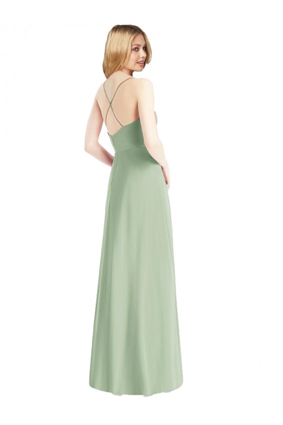 Vert Sauge Trapèze Bretelles spaghetti Mousseline Longue Robes demoiselle d'honneur Prix Réduit