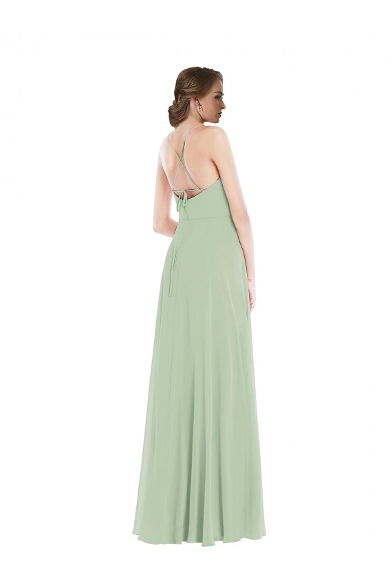 Vert Sauge Trapèze Scoop Mousseline Longue Robes demoiselle d'honneur Prix Réduit