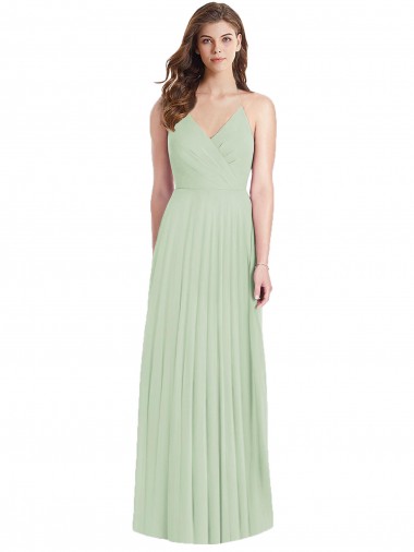 Vert Sauge Trompette Bretelles spaghetti Col V Mousseline Longue Robes demoiselle d'honneur Prix Réduit