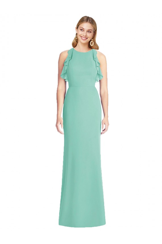 Vert de jade Sirène Col bijou Mousseline Longue Robes demoiselle d'honneur Prix Réduit