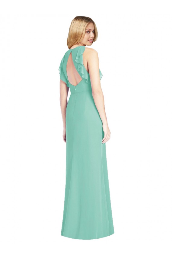 Vert de jade Sirène Col bijou Mousseline Longue Robes demoiselle d'honneur Prix Réduit