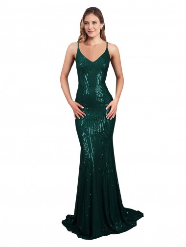 Vert foncé Sirène Col V Paillette Longue Formelles Robes demoiselle d'honneur / Robes de soirée / Robes de bal Prix Réduit