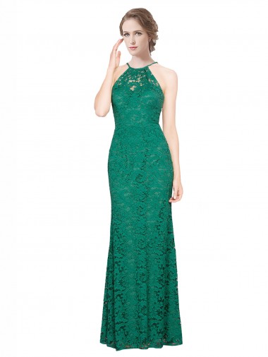 Vert foncé Sirène Licou Col Haut Dentelle Longue Robes demoiselle d'honneur / Robes de bal Prix Réduit