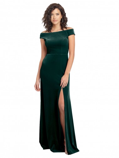 Vert foncé Trapèze Col Carré Velours Stretch Longue Formelles Robes demoiselle d'honneur / Robes de soirée / Robes de bal Prix Réduit