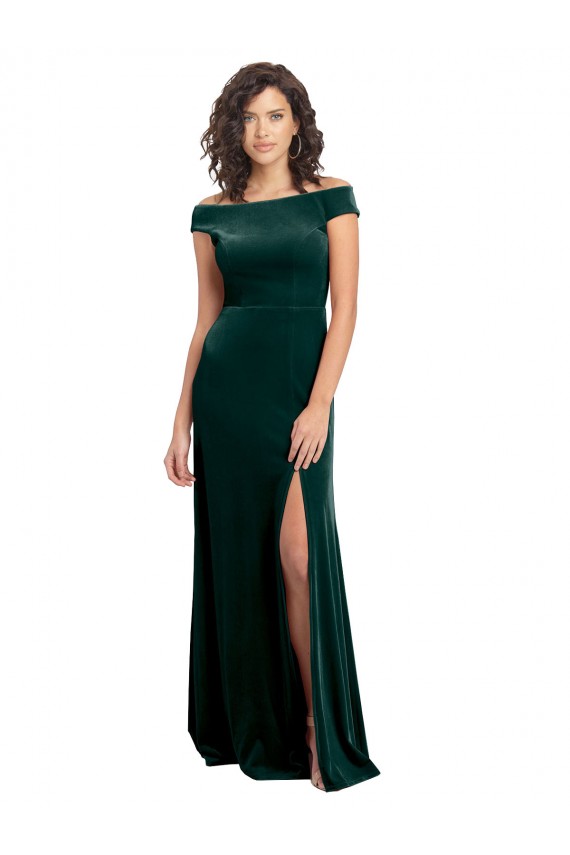 Vert foncé Trapèze Col Carré Velours Stretch Longue Formelles Robes demoiselle d'honneur / Robes de soirée / Robes de bal Prix Réduit
