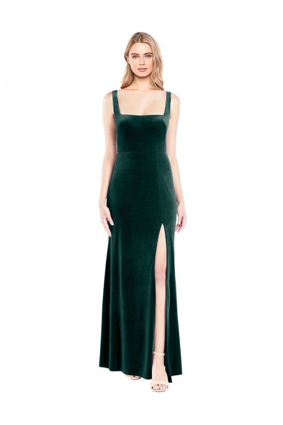 Vert foncé Trapèze Col Carré Velours Stretch Longue Robes demoiselle d'honneur / Robes de bal Prix Réduit