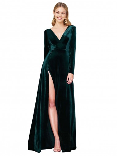 Vert foncé Trapèze Col V Balayage train Velours Stretch Longue Formelles Robes demoiselle d'honneur / Robes de soirée / Robes de bal Prix Réduit