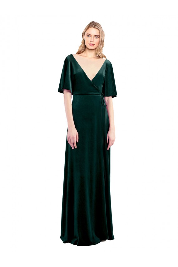 Vert foncé Trapèze Col V Velours Stretch Longue Robes demoiselle d'honneur / Robes de bal Prix Réduit
