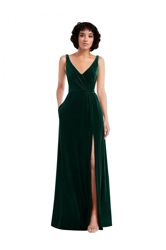 Vert foncé Trapèze Col V Velours Stretch Longue Robes demoiselle d'honneur / Robes de bal Prix Réduit
