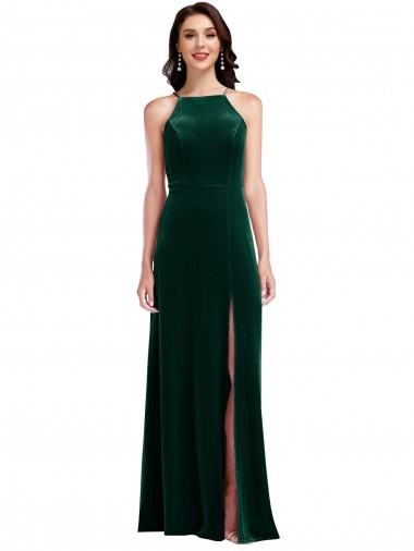 Vert foncé Trapèze Licou Col Haut Velours Stretch Longue Robes demoiselle d'honneur / Robes de bal Prix Réduit