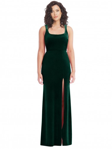 Vert foncé Trompette Col Carré Velours Stretch Longue Robes demoiselle d'honneur / Robes de bal Prix Réduit