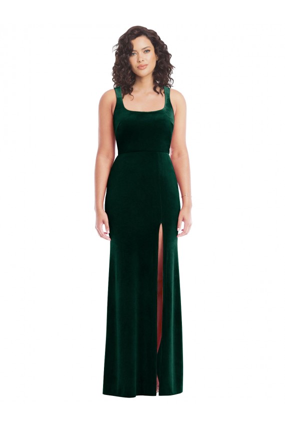 Vert foncé Trompette Col Carré Velours Stretch Longue Robes demoiselle d'honneur / Robes de bal Prix Réduit