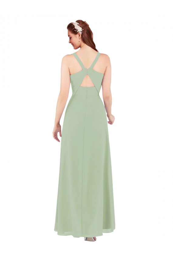 Vert fumée Fourreau Col V Mousseline Longue Robes demoiselle d'honneur Prix Réduit