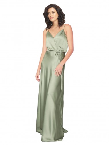 Vert fumée Trapèze Col V Satiné Soyeux Longue Formelles Robes demoiselle d'honneur / Robes de soirée Prix Réduit