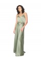 Vert fumée Trapèze Col V Satiné Soyeux Longue Formelles Robes demoiselle d'honneur / Robes de soirée Prix Réduit