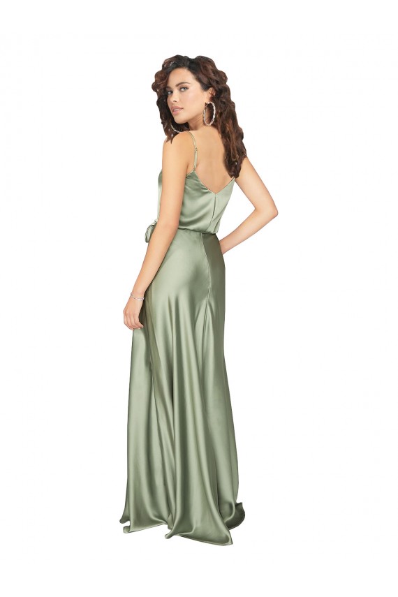 Vert fumée Trapèze Col V Satiné Soyeux Longue Formelles Robes demoiselle d'honneur / Robes de soirée Prix Réduit