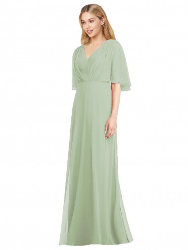 Vert fumée Trompette Col V Mousseline Longue Robes demoiselle d'honneur Prix Réduit