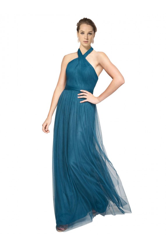 Vert sarcelle Trapèze Licou Col Haut Tulle Longue Robes demoiselle d'honneur Prix Réduit